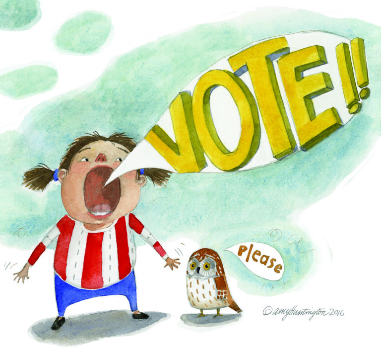 Little girl shouting ”VOTE”, illustration